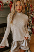 Sequin Mock Neck Drape Open Back Bell Sleeve Lined Top